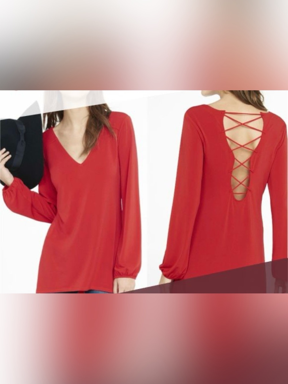 Express Womens Red Long Sleeve V-Neck Tunic Shirt Medium Lace Up Back